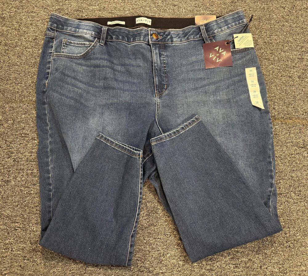 NWT Ladies Ava & Viv Mid-Rise Skinny Jeans- Dark Blue Denim 26